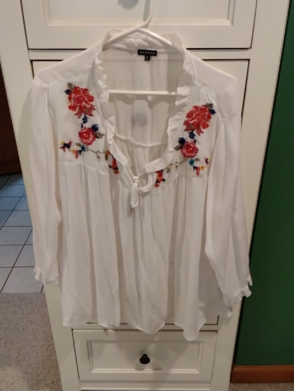 HANNAH  White Peasant Blouse with Red Floral Embroidery